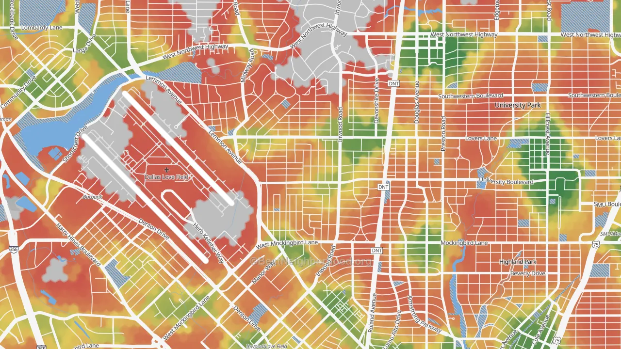 Walk Grade map of 75209, TX, walkable areas in green and car-dependent areas in red