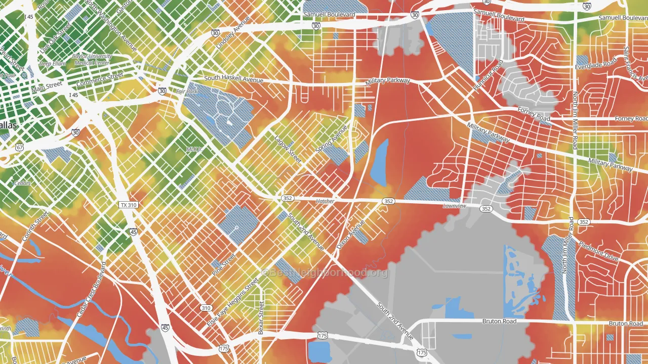 Walk Grade map of 75210, TX, walkable areas in green and car-dependent areas in red