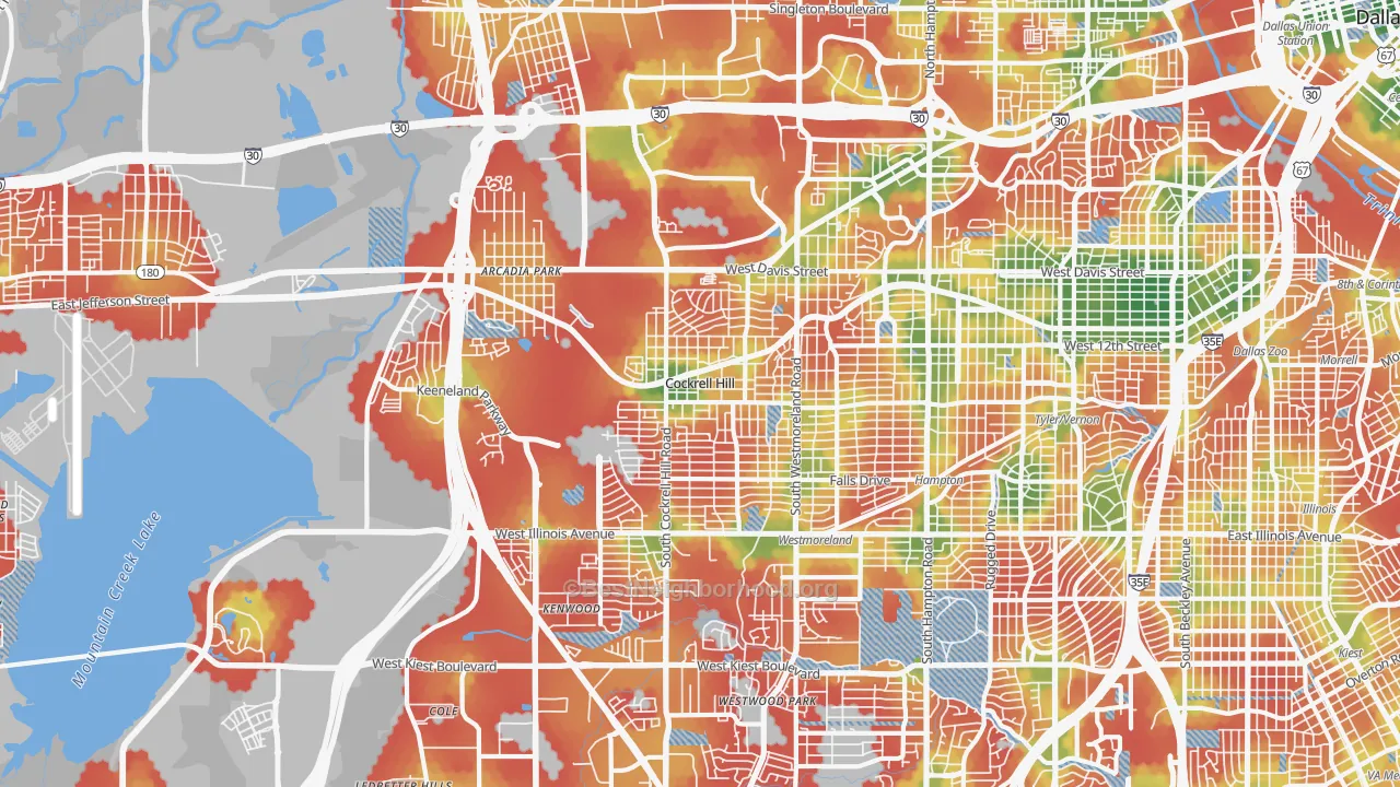 Walk Grade map of 75211, TX, walkable areas in green and car-dependent areas in red