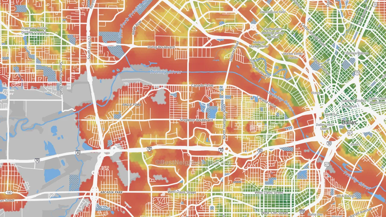Walk Grade map of 75212, TX, walkable areas in green and car-dependent areas in red
