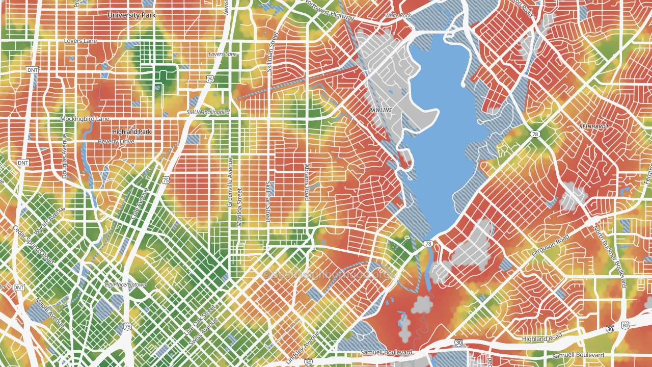 Walk Grade map of 75214, TX, walkable areas in green and car-dependent areas in red
