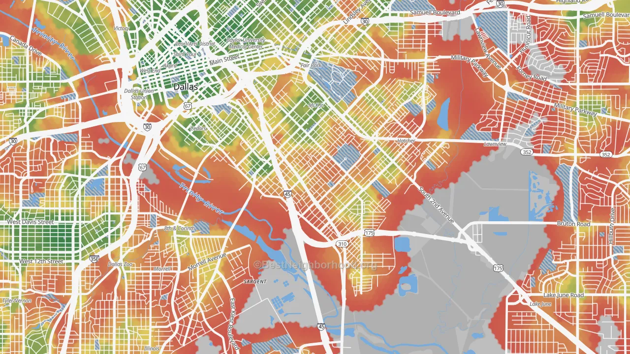 Walk Grade map of 75215, TX, walkable areas in green and car-dependent areas in red
