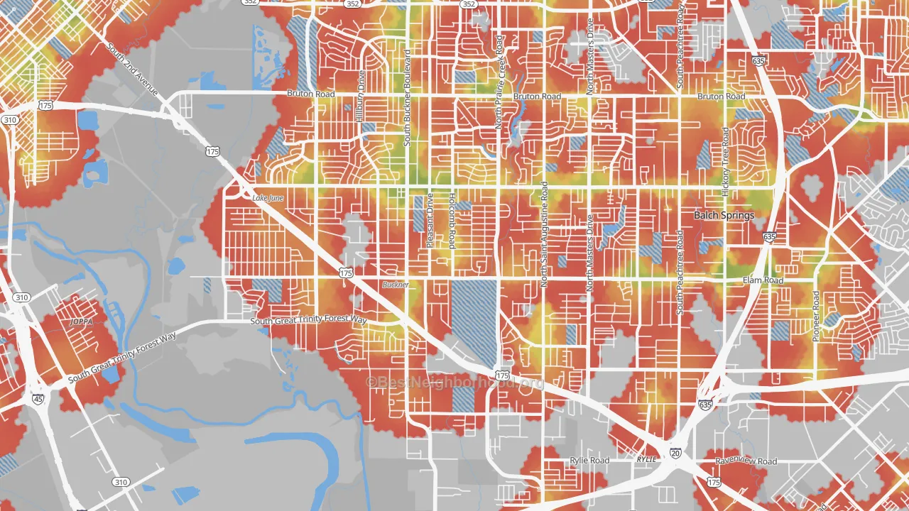 Walk Grade map of 75217, TX, walkable areas in green and car-dependent areas in red
