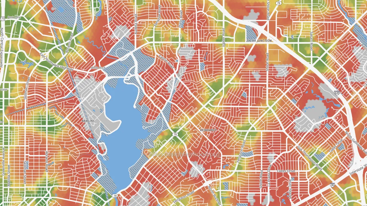 Walk Grade map of 75218, TX, walkable areas in green and car-dependent areas in red