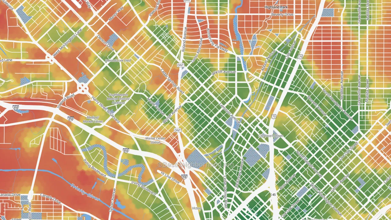Walk Grade map of 75219, TX, walkable areas in green and car-dependent areas in red