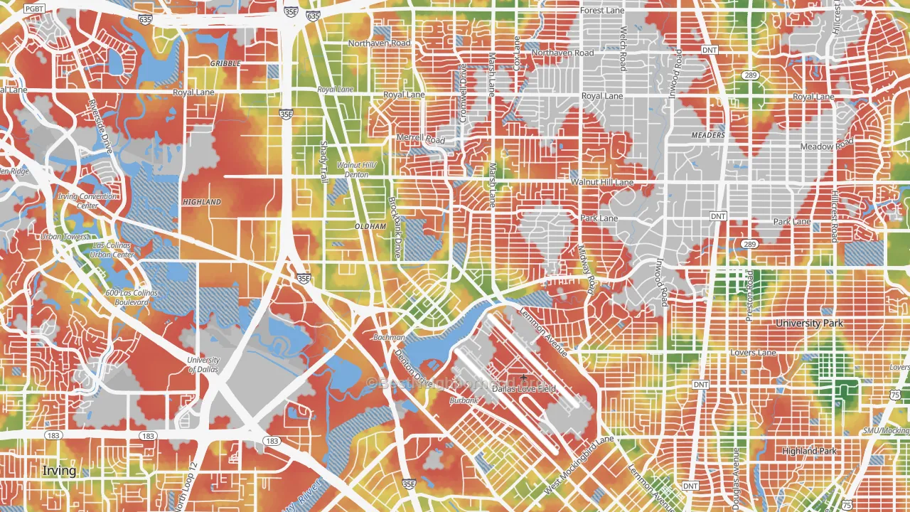 Walk Grade map of 75220, TX, walkable areas in green and car-dependent areas in red