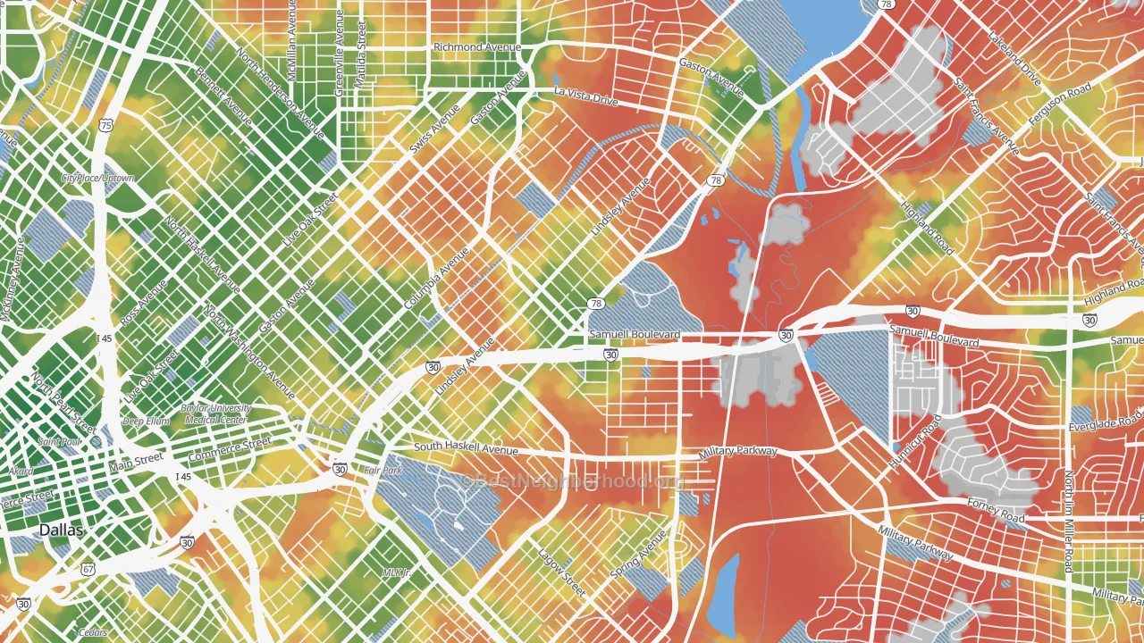 Walk Grade map of 75223, TX, walkable areas in green and car-dependent areas in red