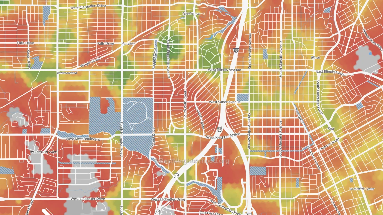 Walk Grade map of 75224, TX, walkable areas in green and car-dependent areas in red