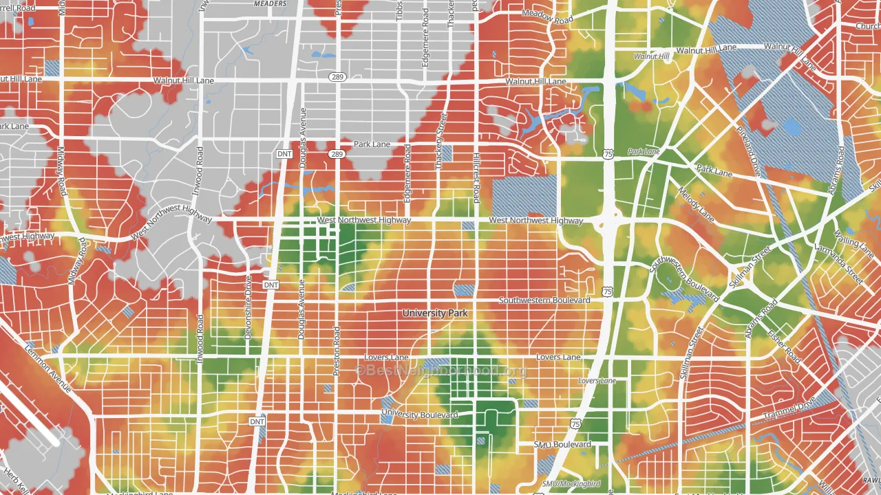 Walk Grade map of 75225, TX, walkable areas in green and car-dependent areas in red