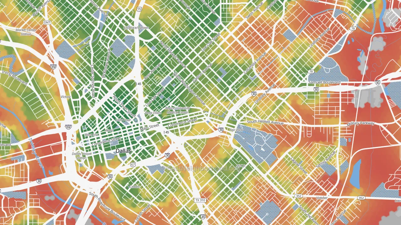 Walk Grade map of 75226, TX, walkable areas in green and car-dependent areas in red