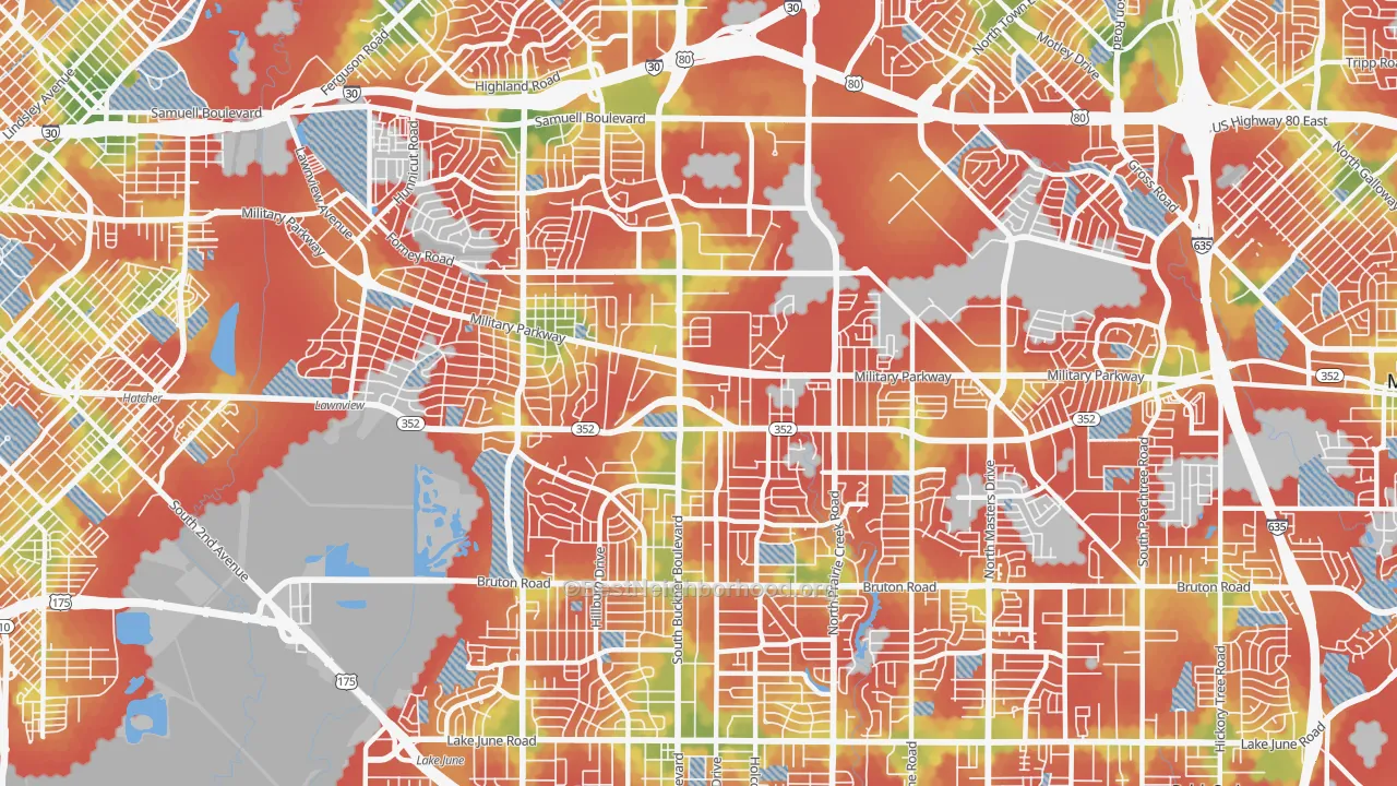 Walk Grade map of 75227, TX, walkable areas in green and car-dependent areas in red