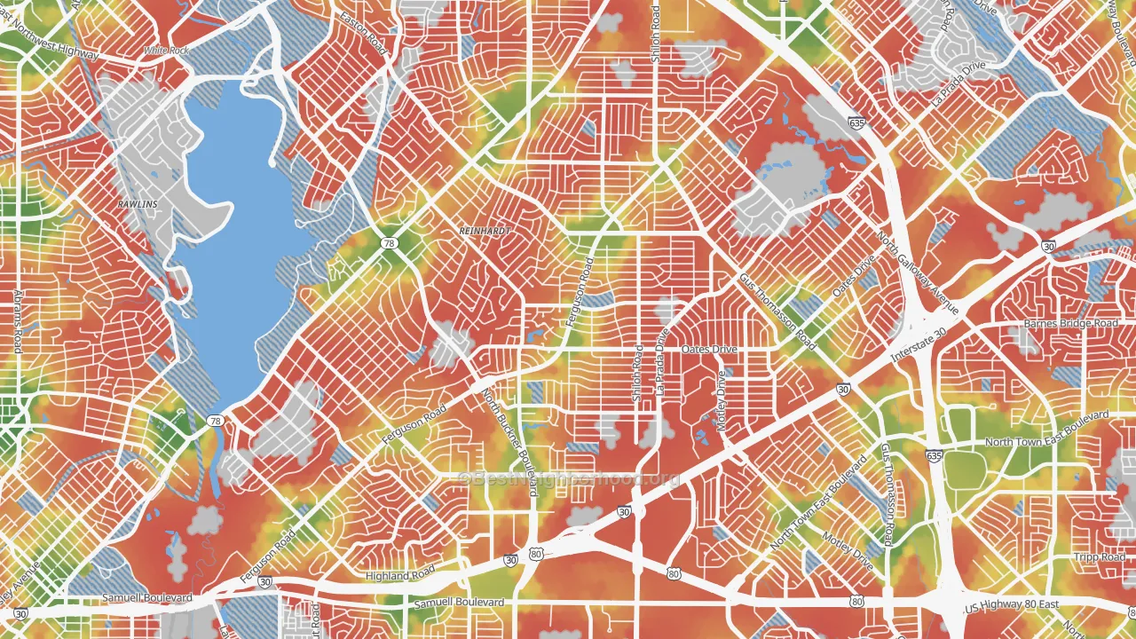 Walk Grade map of 75228, TX, walkable areas in green and car-dependent areas in red
