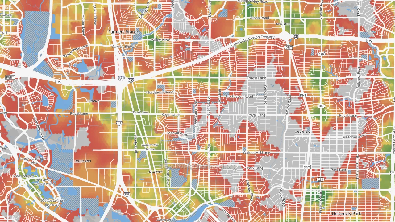 Walk Grade map of 75229, TX, walkable areas in green and car-dependent areas in red