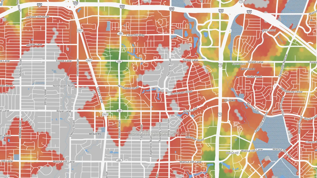 Walk Grade map of 75230, TX, walkable areas in green and car-dependent areas in red