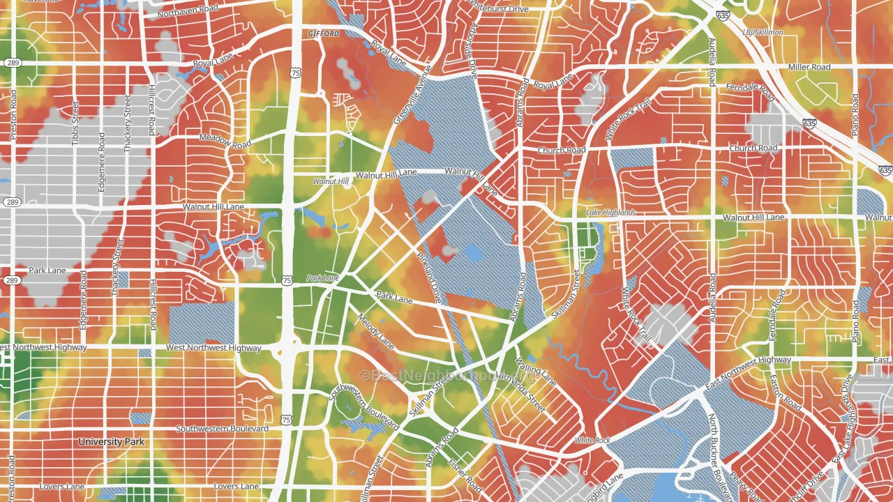 Walk Grade map of 75231, TX, walkable areas in green and car-dependent areas in red
