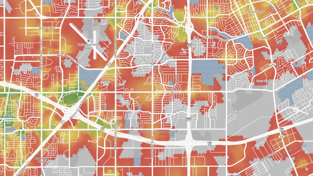 Walk Grade map of 75232, TX, walkable areas in green and car-dependent areas in red