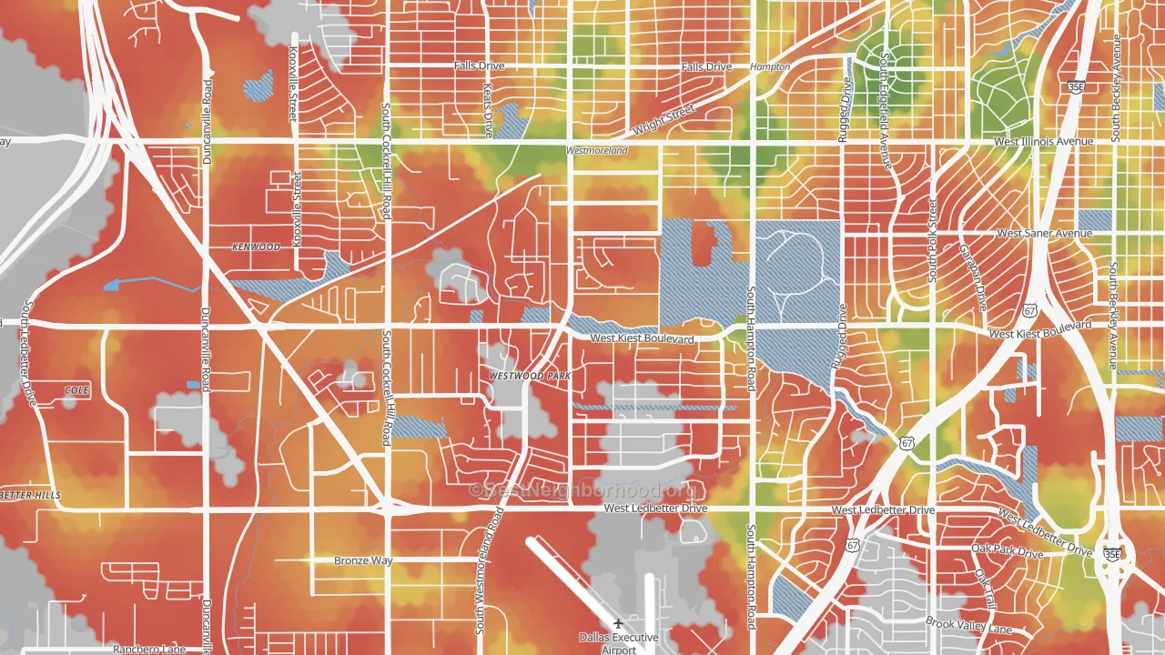 Walk Grade map of 75233, TX, walkable areas in green and car-dependent areas in red