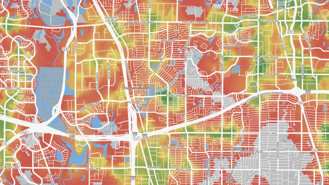 Walk Grade map of 75234, TX, walkable areas in green and car-dependent areas in red