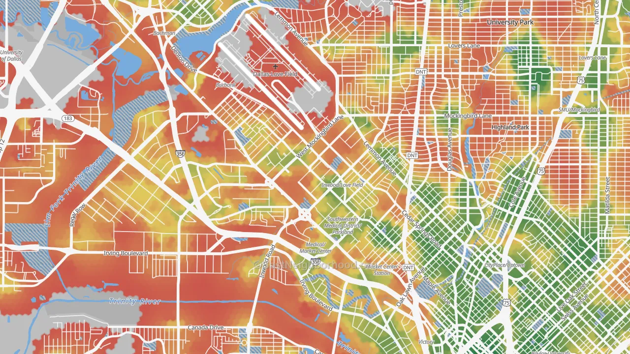 Walk Grade map of 75235, TX, walkable areas in green and car-dependent areas in red