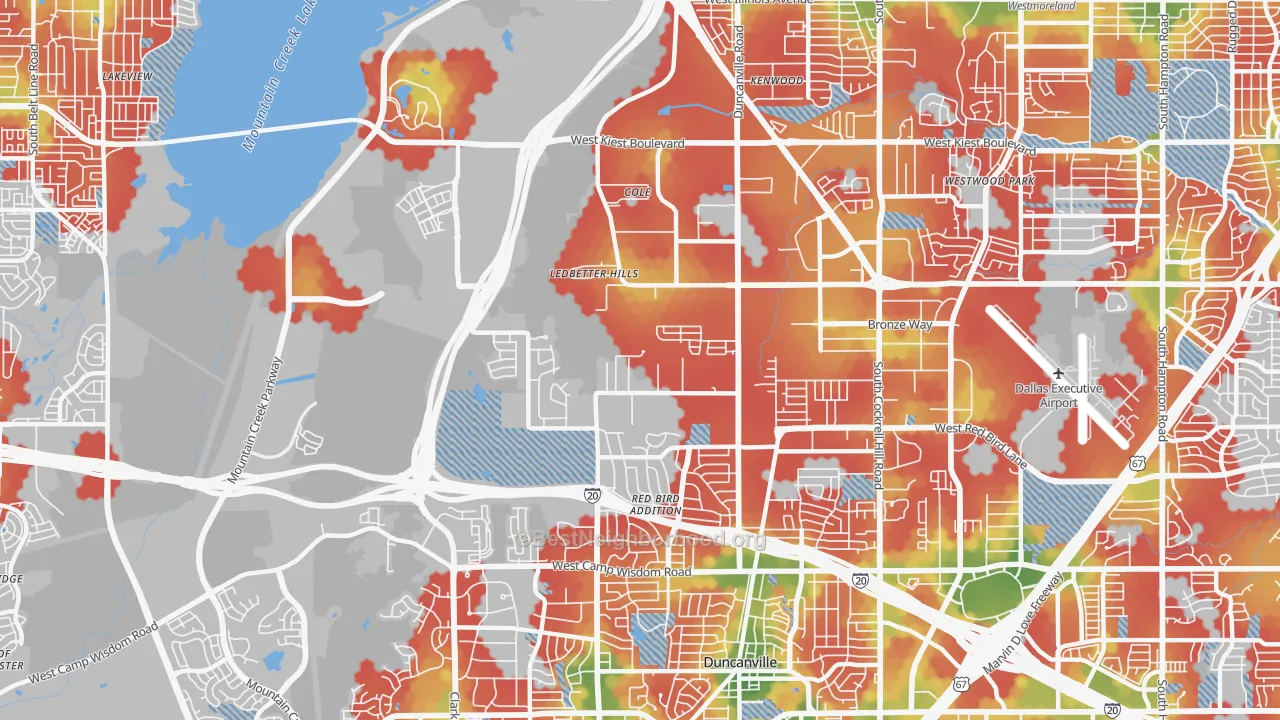 Walk Grade map of 75236, TX, walkable areas in green and car-dependent areas in red