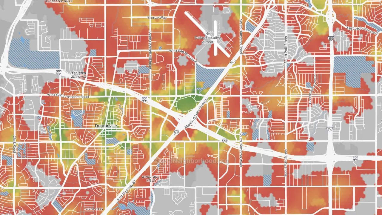 Walk Grade map of 75237, TX, walkable areas in green and car-dependent areas in red