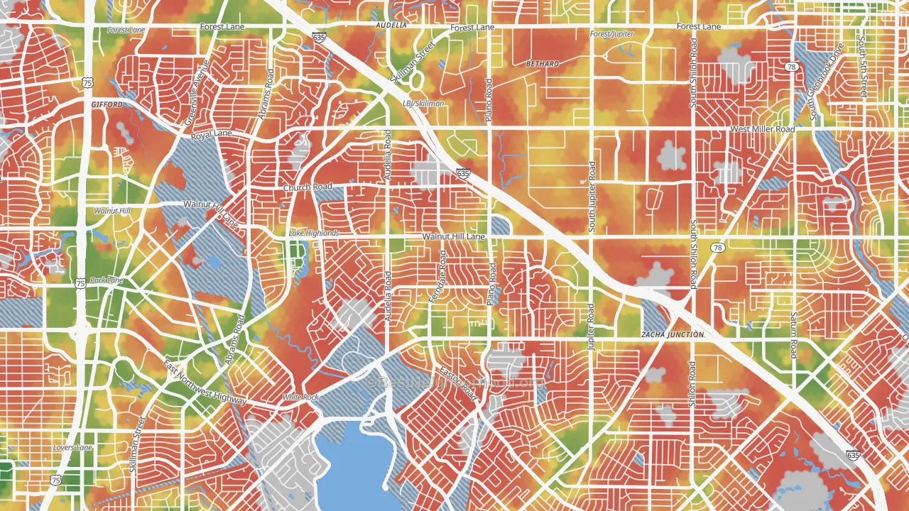 Walk Grade map of 75238, TX, walkable areas in green and car-dependent areas in red