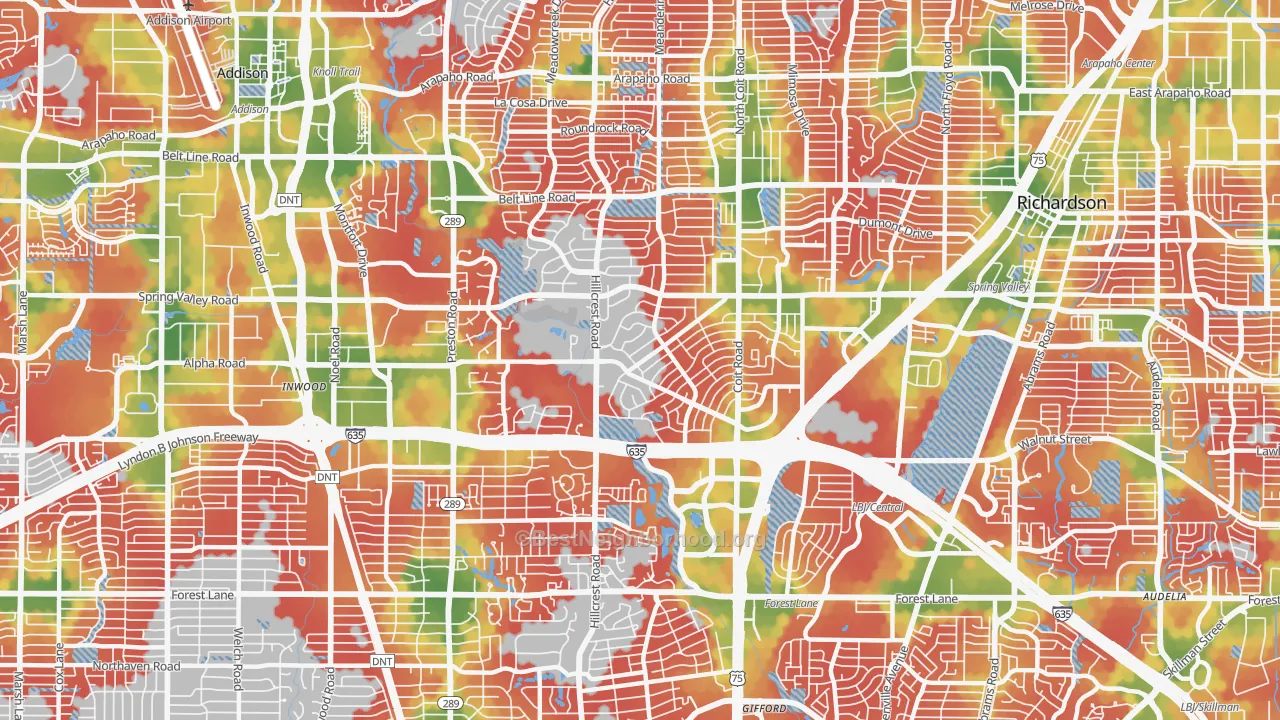 Walk Grade map of 75240, TX, walkable areas in green and car-dependent areas in red