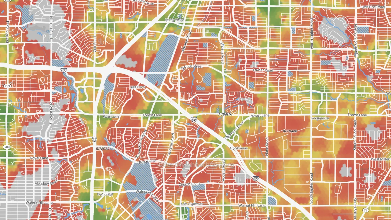 Walk Grade map of 75243, TX, walkable areas in green and car-dependent areas in red