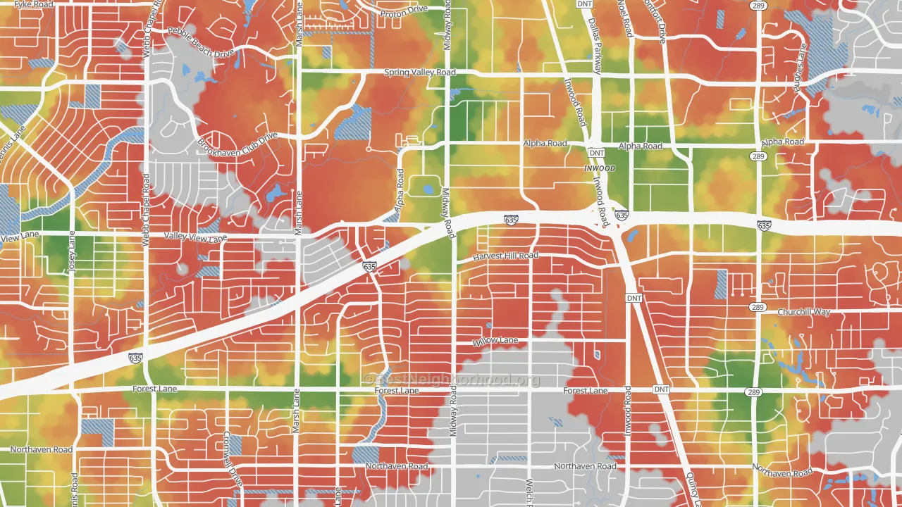 Walk Grade map of 75244, TX, walkable areas in green and car-dependent areas in red