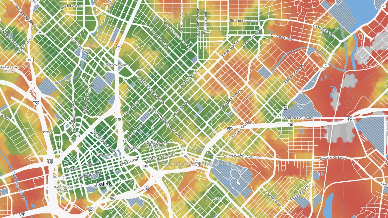 Walk Grade map of 75246, TX, walkable areas in green and car-dependent areas in red