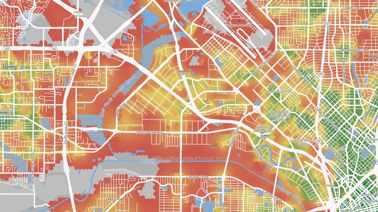 Walk Grade map of 75247, TX, walkable areas in green and car-dependent areas in red