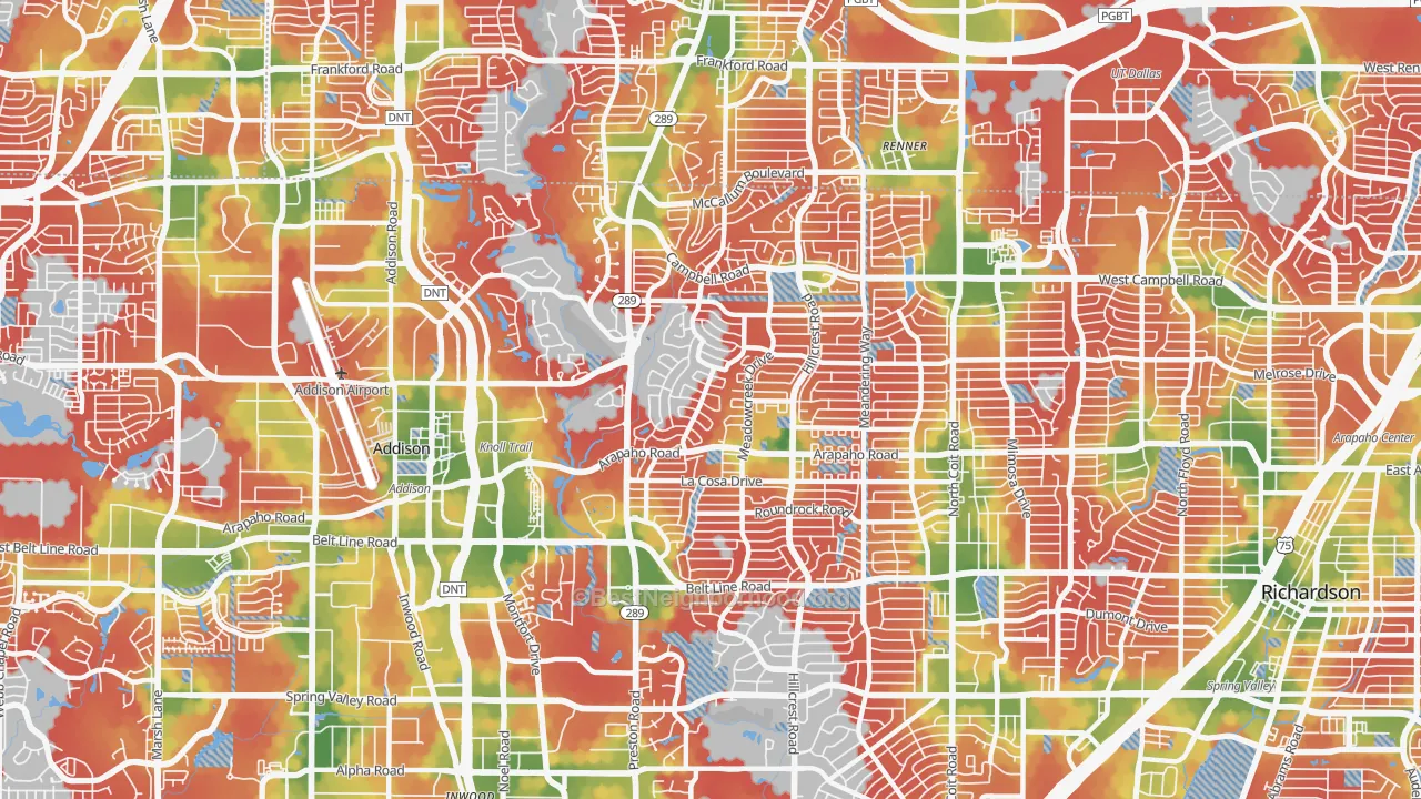 Walk Grade map of 75248, TX, walkable areas in green and car-dependent areas in red
