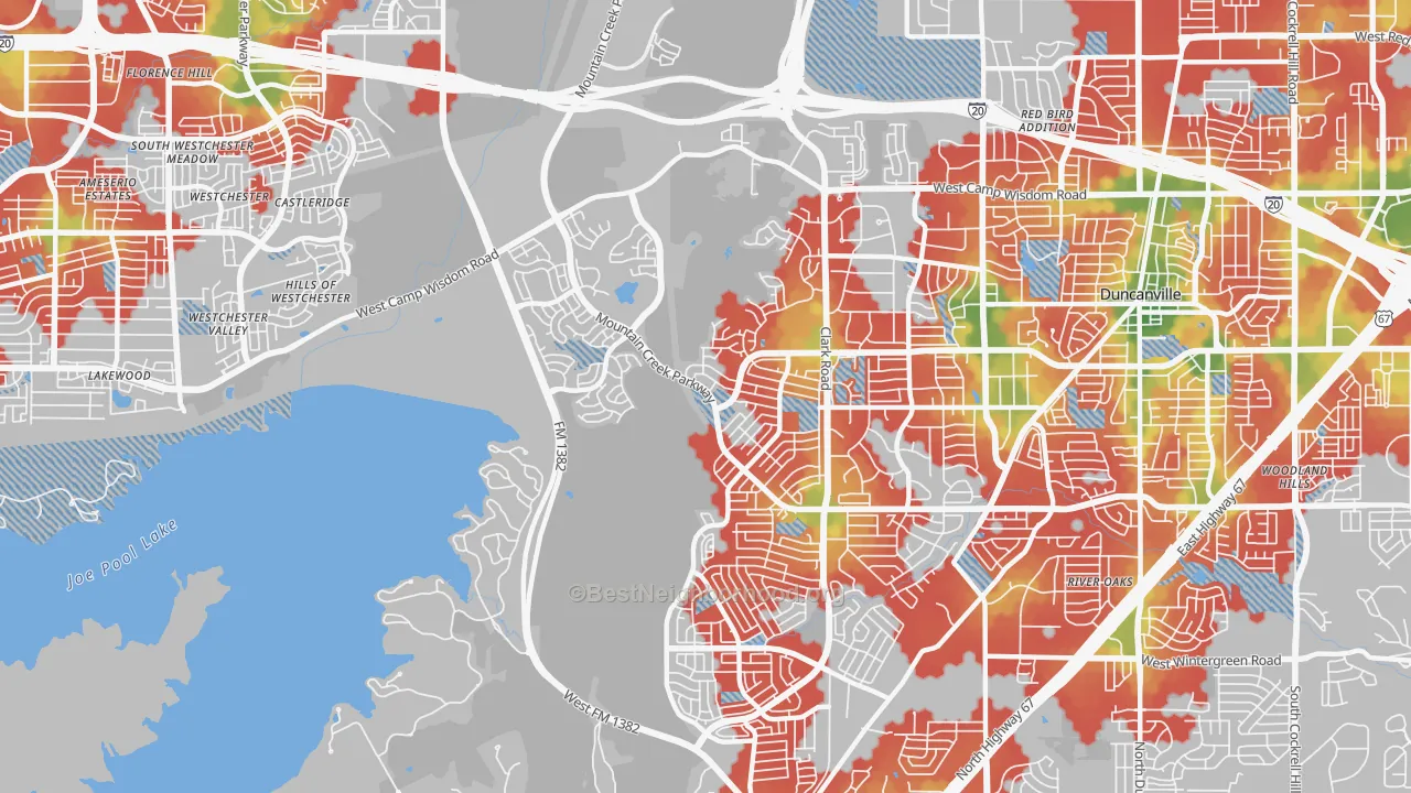 Walk Grade map of 75249, TX, walkable areas in green and car-dependent areas in red