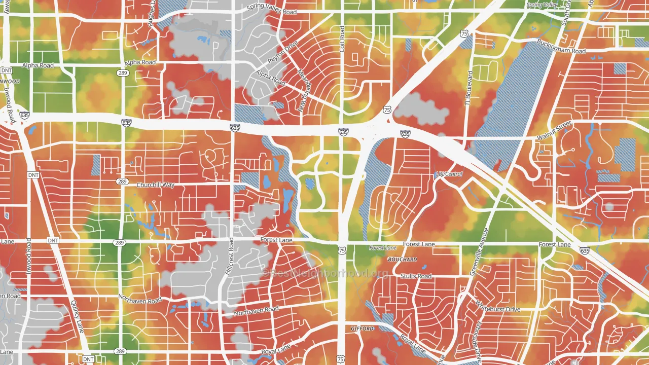 Walk Grade map of 75251, TX, walkable areas in green and car-dependent areas in red