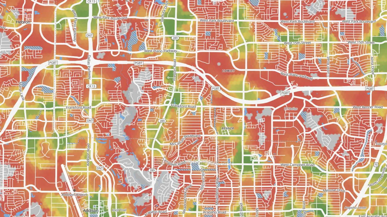 Walk Grade map of 75252, TX, walkable areas in green and car-dependent areas in red