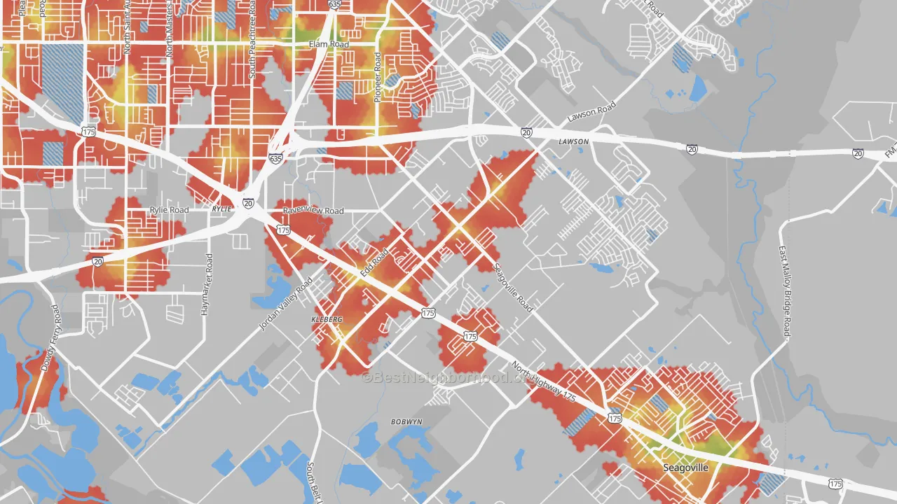 Walk Grade map of 75253, TX, walkable areas in green and car-dependent areas in red