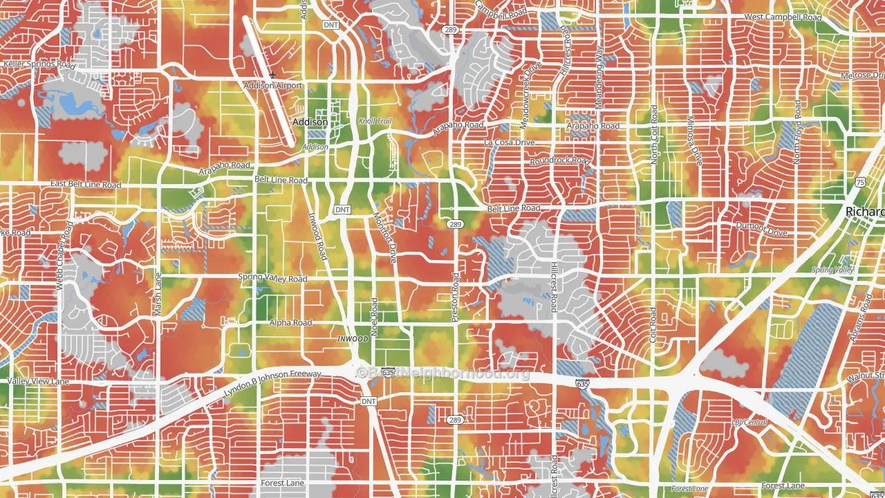 Walk Grade map of 75254, TX, walkable areas in green and car-dependent areas in red