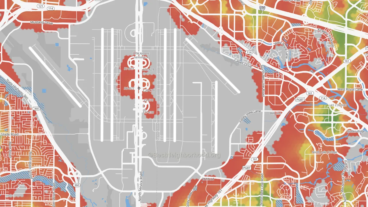 Walk Grade map of 75261, TX, walkable areas in green and car-dependent areas in red
