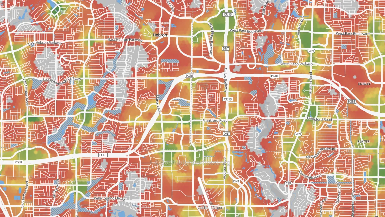 Walk Grade map of 75287, TX, walkable areas in green and car-dependent areas in red