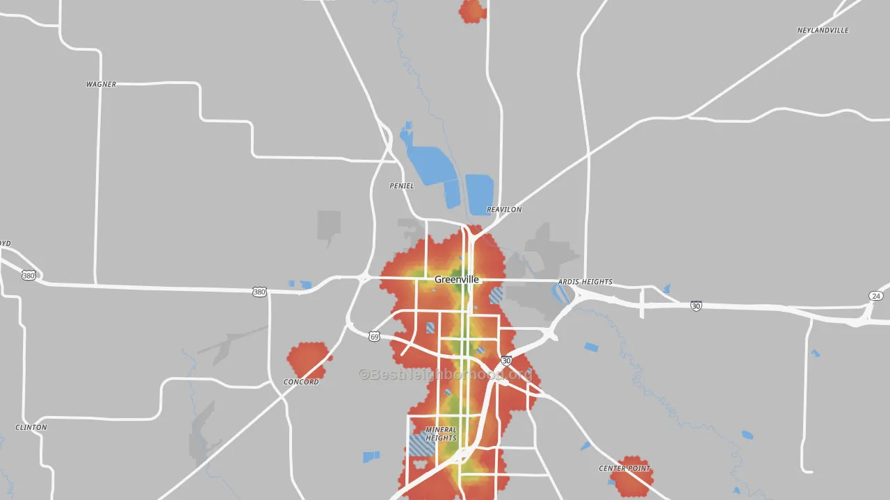 Walk Grade map of 75401, TX, walkable areas in green and car-dependent areas in red