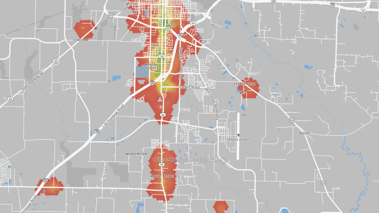 Walk Grade map of 75402, TX, walkable areas in green and car-dependent areas in red