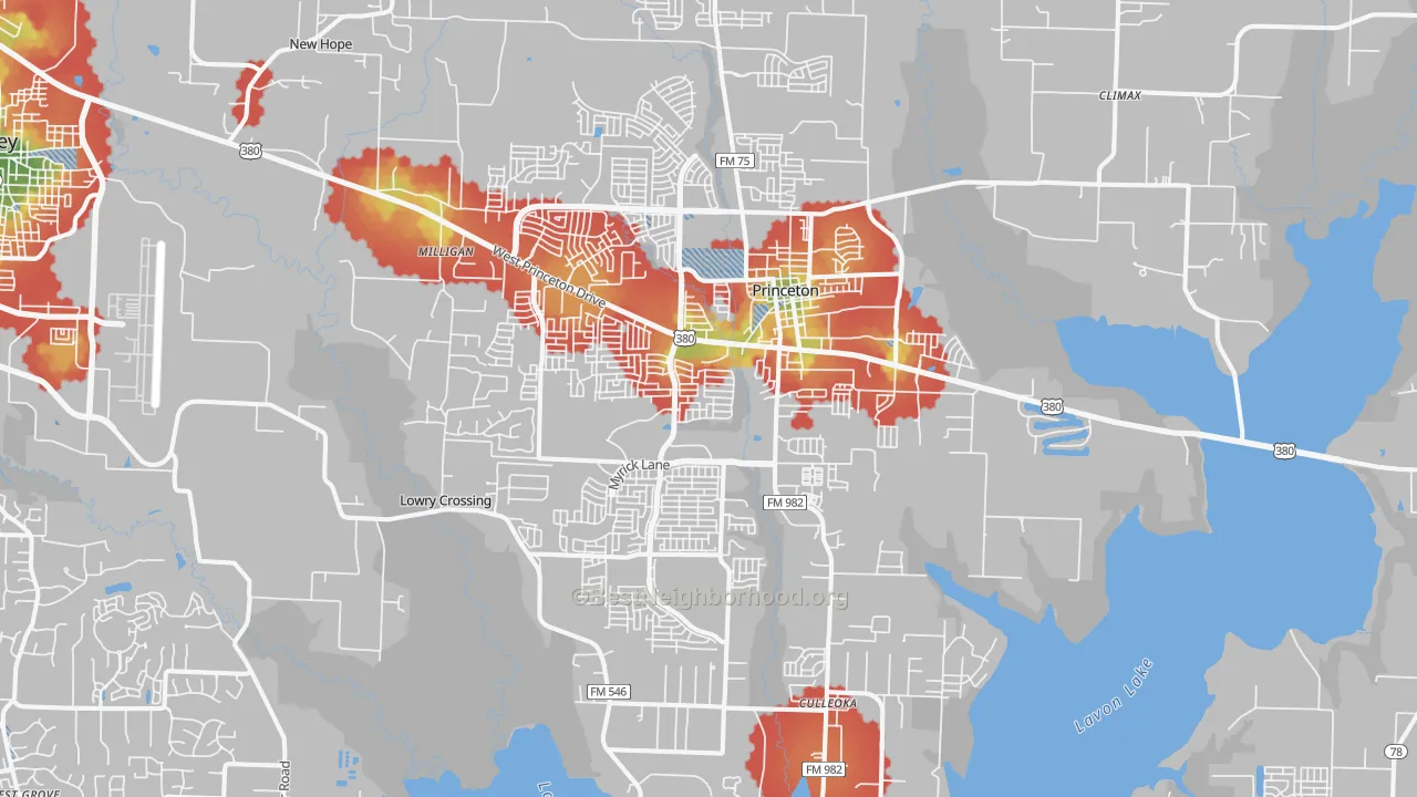 Walk Grade map of 75407, TX, walkable areas in green and car-dependent areas in red