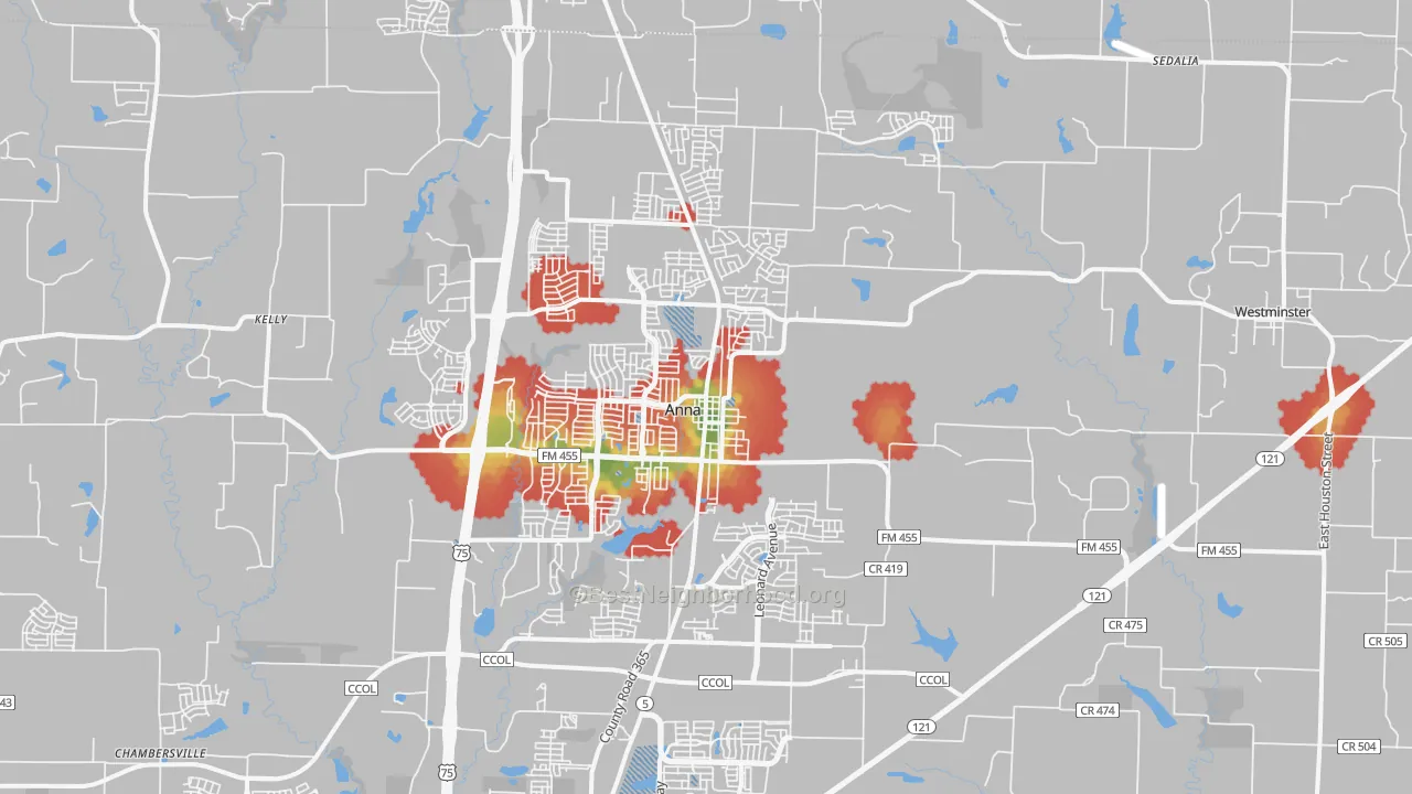 Walk Grade map of 75409, TX, walkable areas in green and car-dependent areas in red