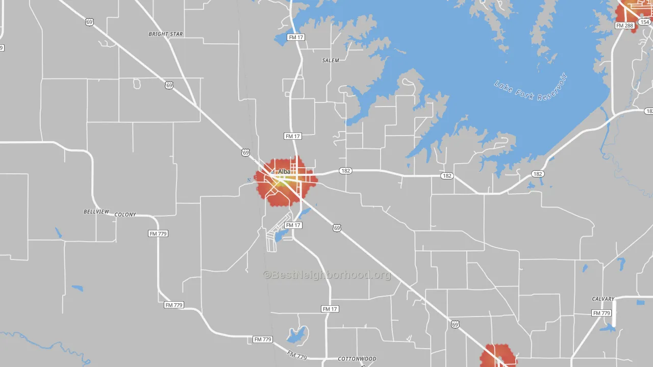 Walk Grade map of 75410, TX, walkable areas in green and car-dependent areas in red