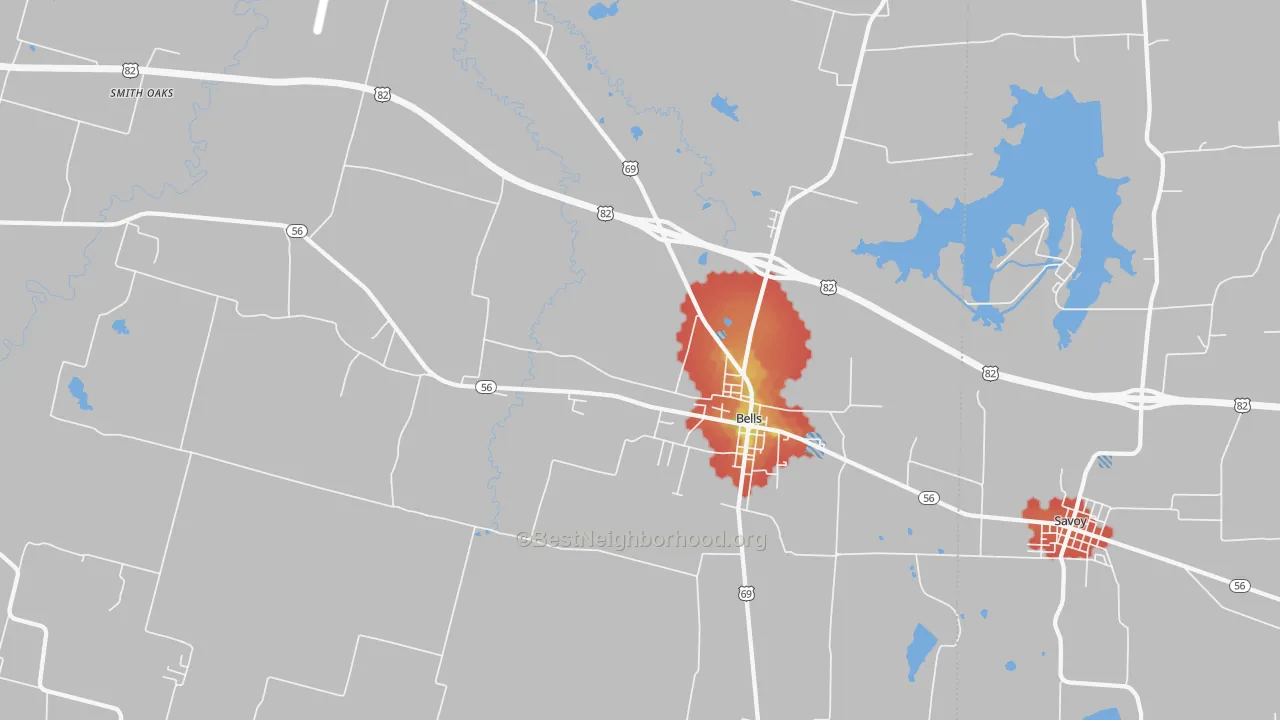 Walk Grade map of 75414, TX, walkable areas in green and car-dependent areas in red