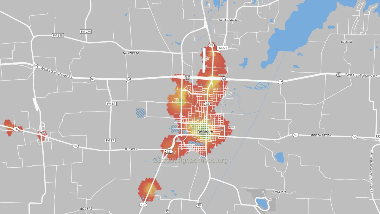 Walk Grade map of 75418, TX, walkable areas in green and car-dependent areas in red