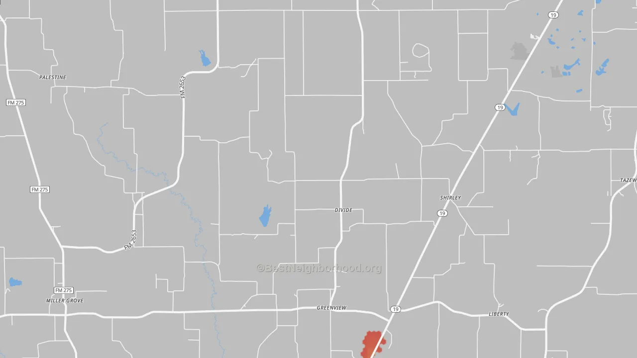 Walk Grade map of 75420, TX, walkable areas in green and car-dependent areas in red