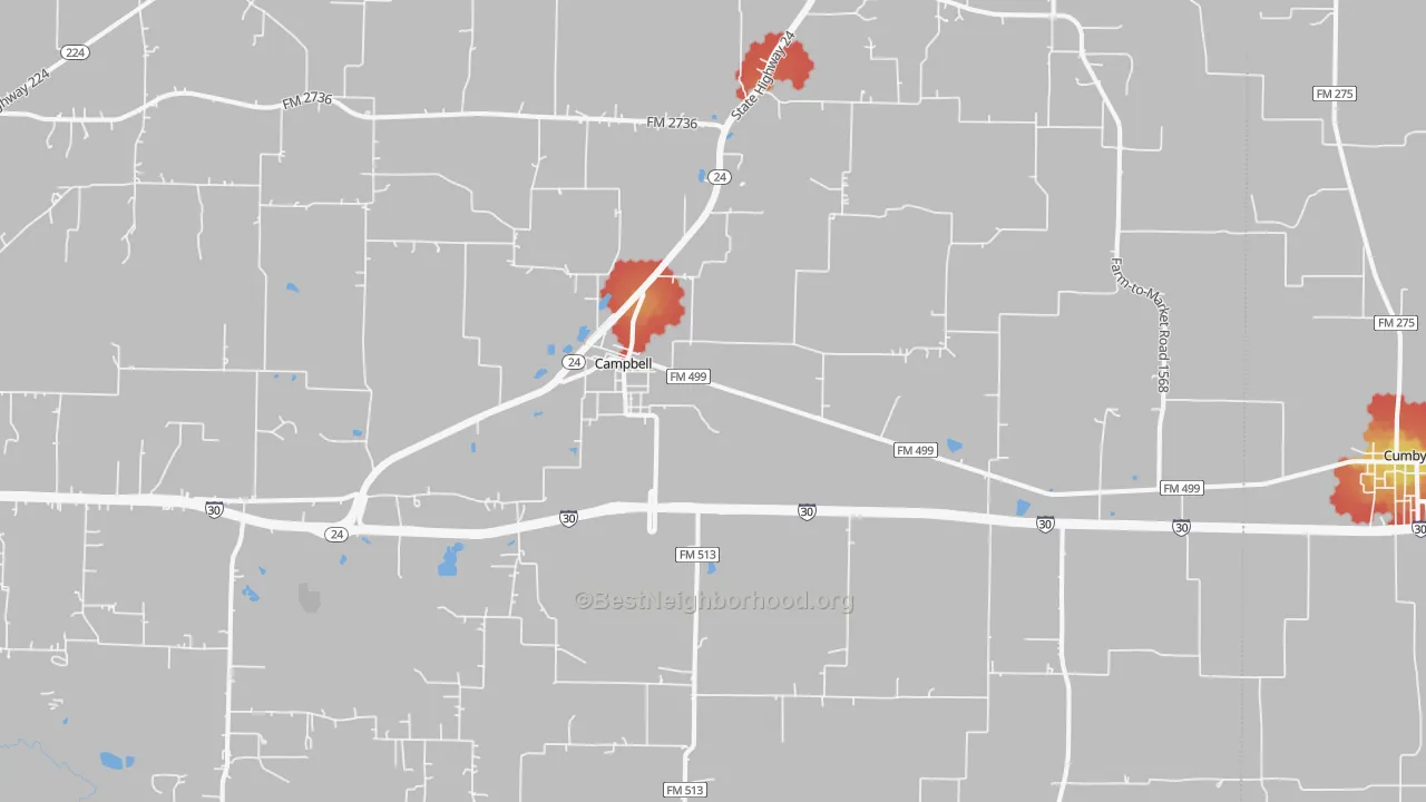 Walk Grade map of 75422, TX, walkable areas in green and car-dependent areas in red