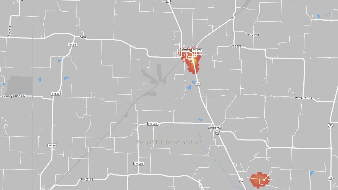 Walk Grade map of 75423, TX, walkable areas in green and car-dependent areas in red