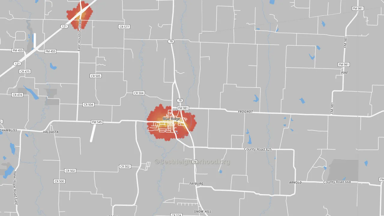 Walk Grade map of 75424, TX, walkable areas in green and car-dependent areas in red